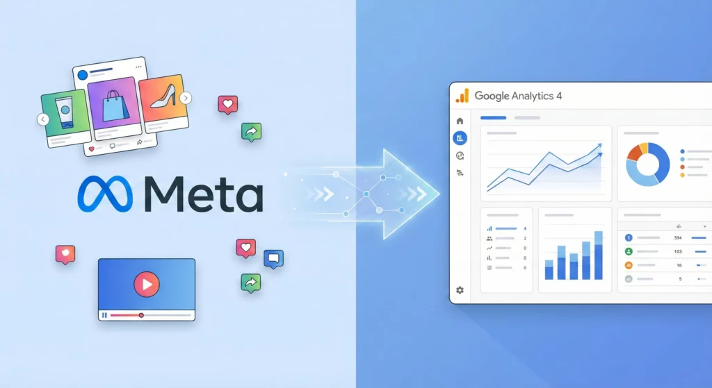 Meta Ads and Google Analytics 4 integration illustration showing data flow between advertising platform and analytics dashboard