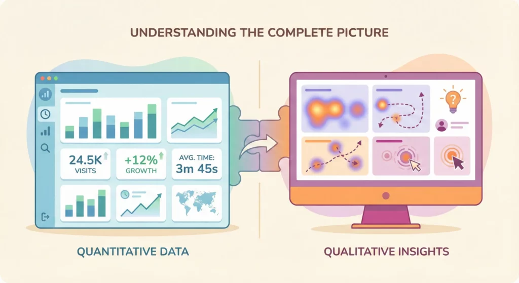 Visual comparison showing Google Analytics quantitative data dashboard on the left connected to Microsoft Clarity qualitative user behavior visualization on the right, illustrating their complementary partnership