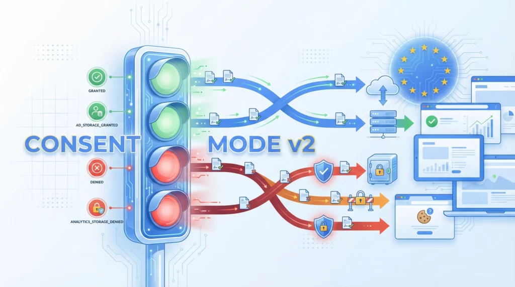 Google Consent Mode v2 hero illustration showing traffic signal consent controls managing data flow between users, websites, and Google's advertising platforms under EU privacy regulations