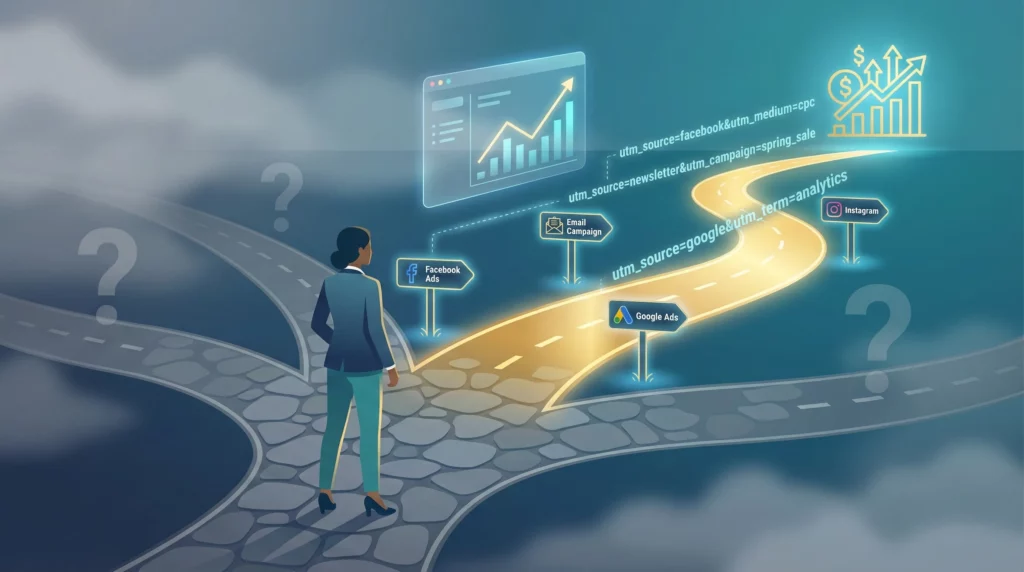 Business professional standing at a crossroads with multiple marketing paths, one clearly illuminated with labeled signposts for different marketing channels leading to a success destination, while other paths remain foggy and unclear, symbolizing the clarity that UTM tracking brings to marketing attribution