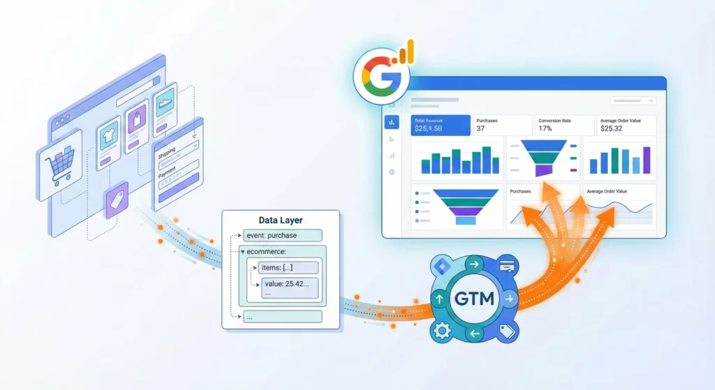 Ecommerce website connected to analytics dashboards through Google Tag Manager, illustrating the flow of customer behavior data from online store to GA4 reports