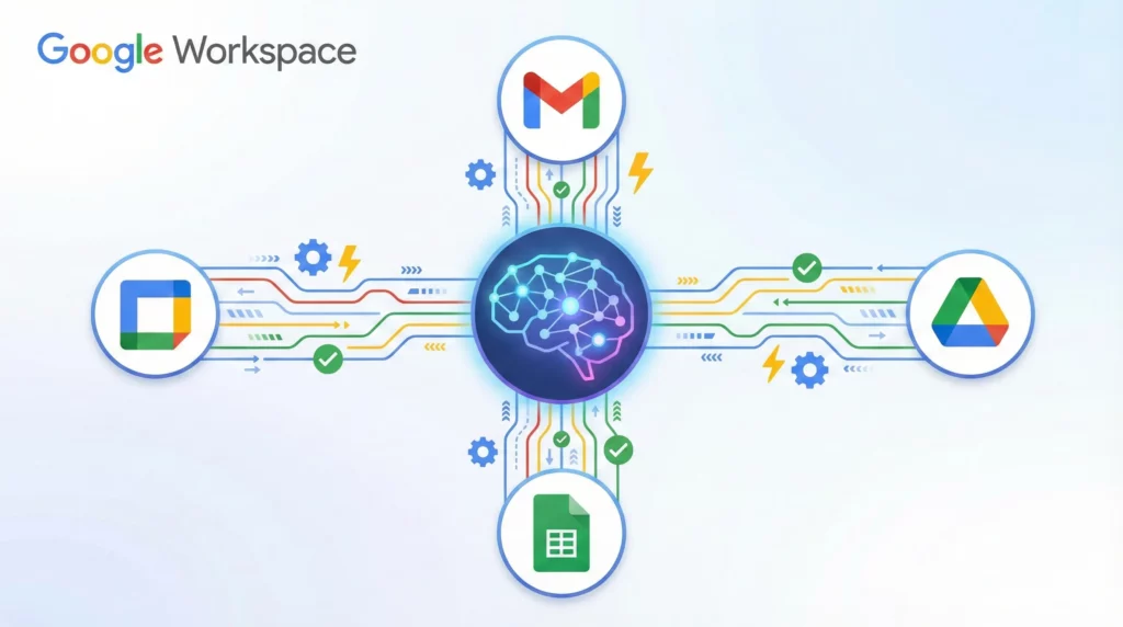 Google Workspace Studio hero illustration showing AI agents connecting Gmail, Drive, Sheets, Calendar and Chat apps with automated workflows