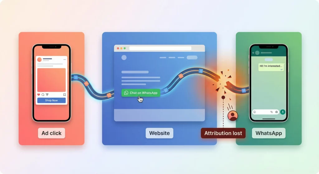 Broken data flow between an ad, a landing page, and WhatsApp, with tracking fragments scattered at the gap