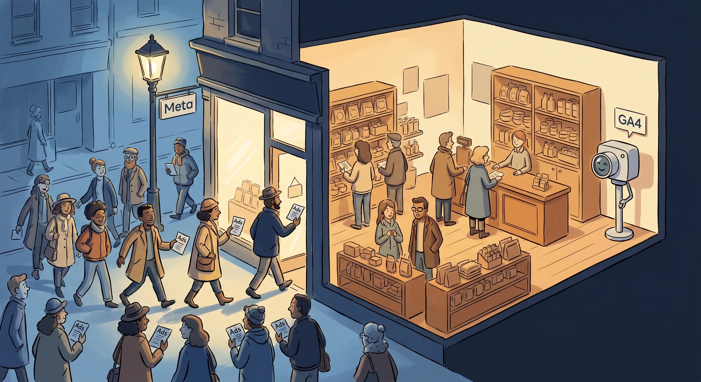 A shopfront at dusk with a crowd arriving at the lit doorway holding ad flyers, while inside a friendly analytics camera quietly watches shoppers browse.