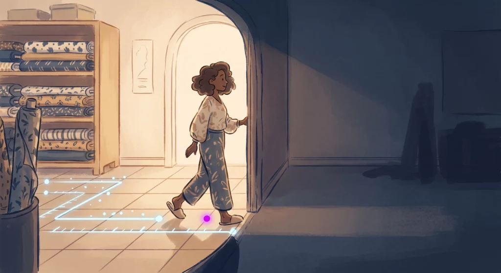 A person stepping from a brightly lit, instrumented shop floor through a doorway into an unlit room, with the trail of light and tracking marks stopping at the threshold